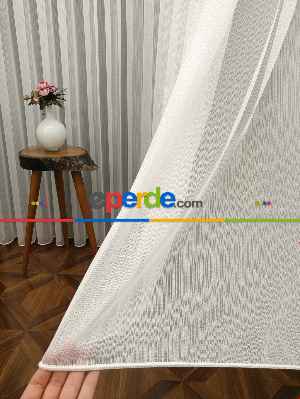 Ekru Boydan Çizgili Düz Armür Tül Perde - Ütü İstemez