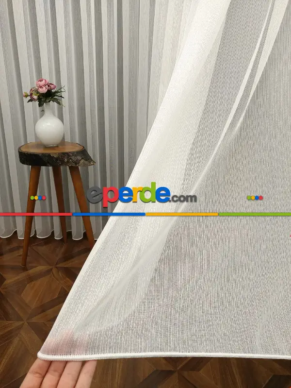 Ekru Boydan Çizgili Düz Armür Tül Perde - Ütü İstemez