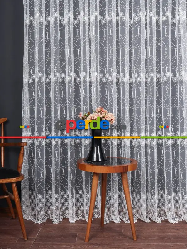 Şeritli Papatya Nakış İşlemeli Brode Tül Perde