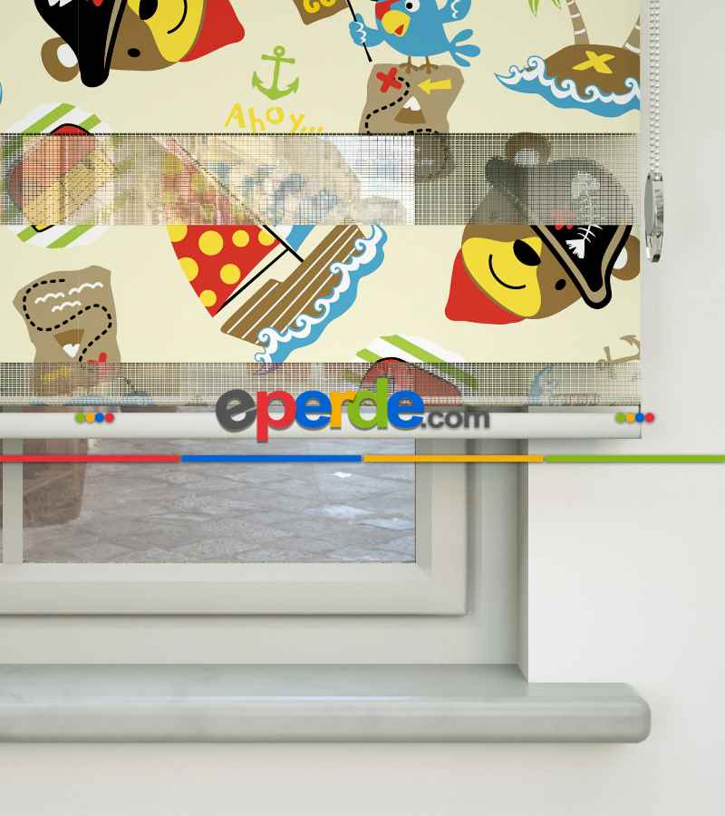 Bebek Odası Zebra Perde - Denizci Baskılı Zebra Perde- Mavi-Kırmızı-Beyaz-Hardal Sarısı