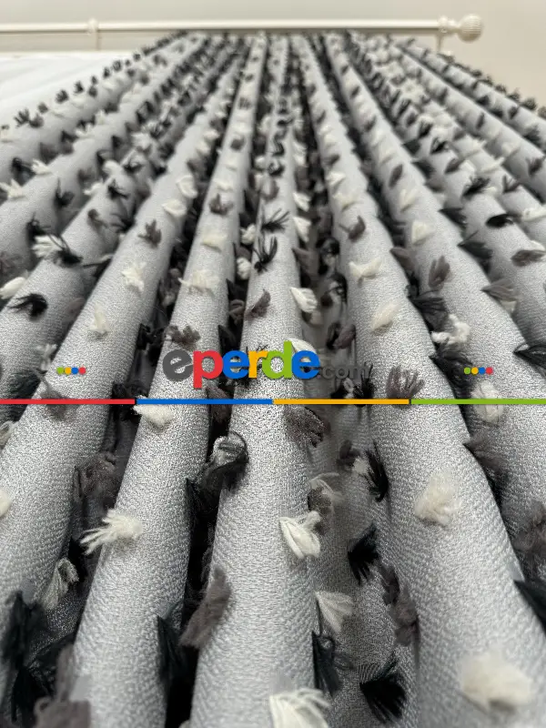 Yatak Odası - Gri Ponponlu Jakar Dokuma, Premium Kalite Serisi Fon Perde