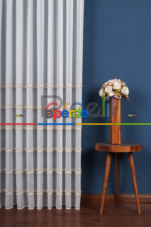 Enine Bantlı Ekru-krem Püskül Detaylı Bambu Zemin Tül Perde