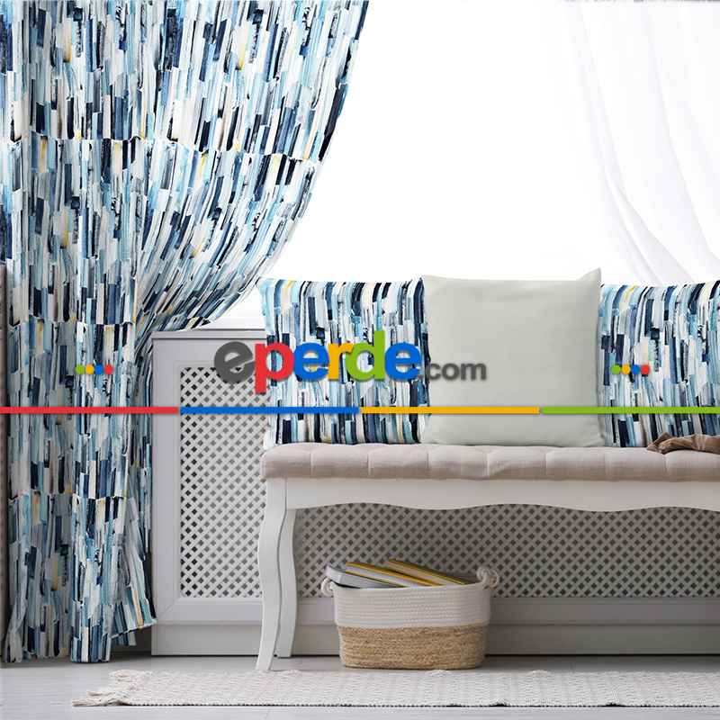 Mavi Desenli Fon Perde Evim218 Kumaşı Kalındır Duck Bezi Değildir- Mavi-beyaz