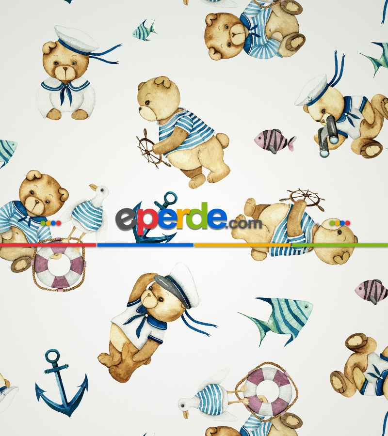 Bebek Odası Stor Perde - Kaptan Ayıcık Baskılı Stor Perde- Mavi-Beyaz-Kahve Açık-Su Yeşili