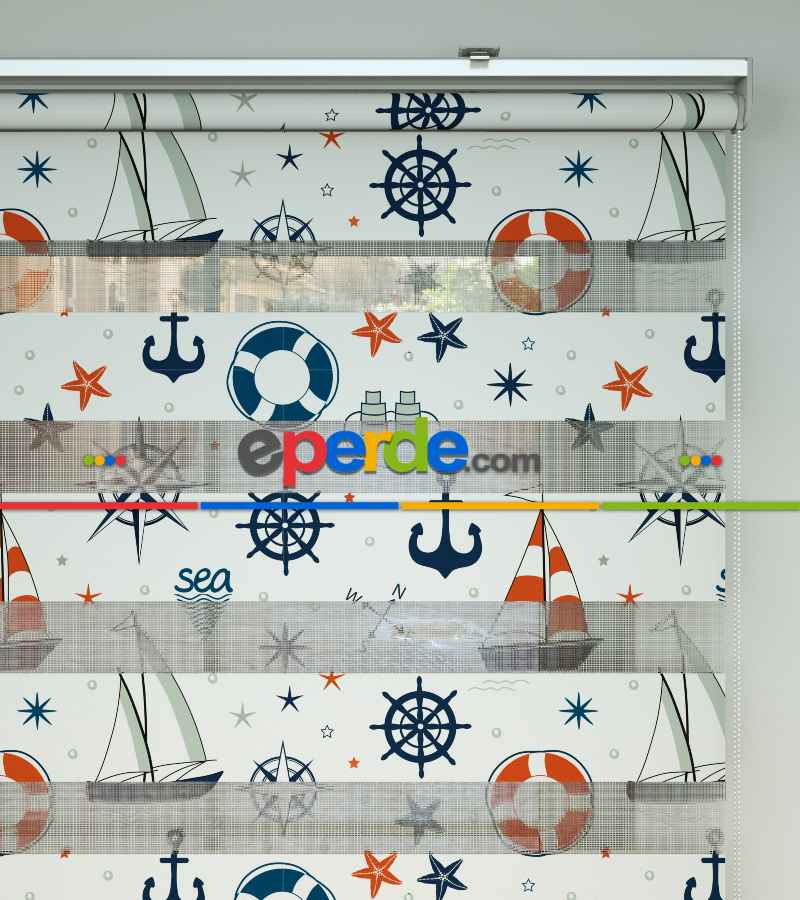 Bebek Odası Zebra Perde - Çapa Desen Baskılı Zebra Perde- Lacivert-Mavi-Kırmızı-Beyaz