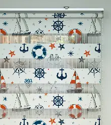 Bebek Odası Zebra Perde - Çapa Desen Baskılı Zebra Perde- Lacivert-Mavi-Kırmızı-Beyaz