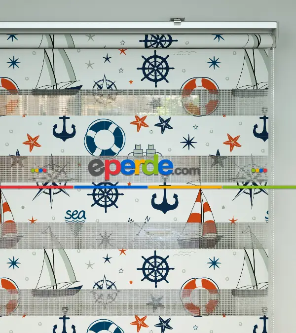 Bebek Odası Zebra Perde - Çapa Desen Baskılı Zebra Perde- Lacivert-Mavi-Kırmızı-Beyaz