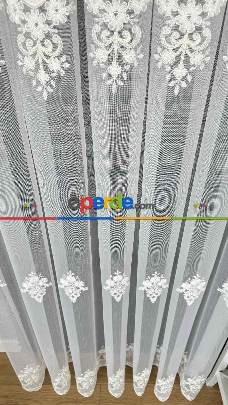 Ekru Özel Dokuma, Özel İplik Hafif Simli Brode İşlemeli Tül Perde - Ağır Gramajlı Premium Nakışlı