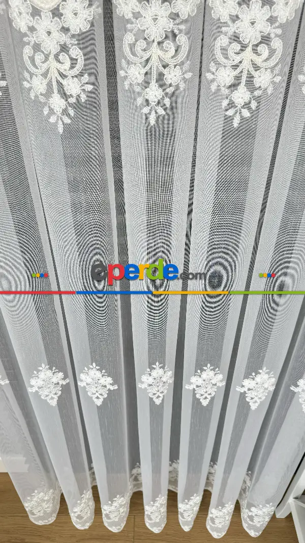 Ekru Özel Dokuma, Özel İplik Hafif Simli Brode İşlemeli Tül Perde - Ağır Gramajlı Premium Nakışlı