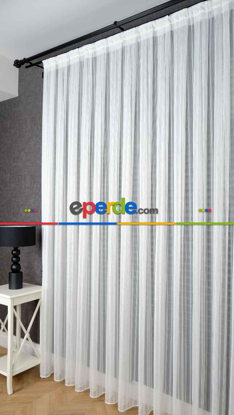 Ekru Zincir Çizgilli Gümüş Simli Tül Perde