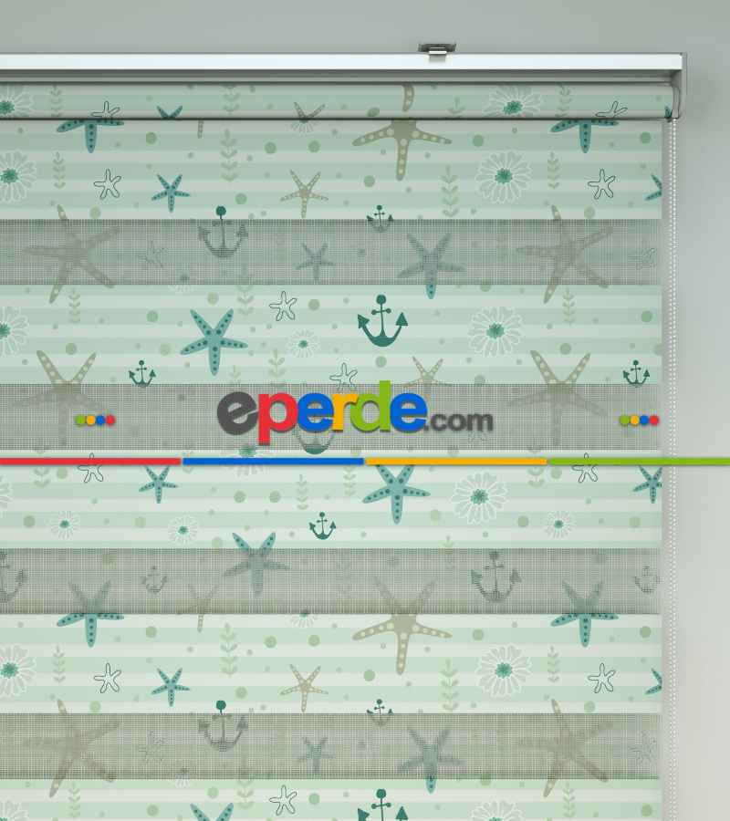 Deniz Yıldızı Baskılı Zebra Perde- Beyaz-turkuaz-su Yeşili