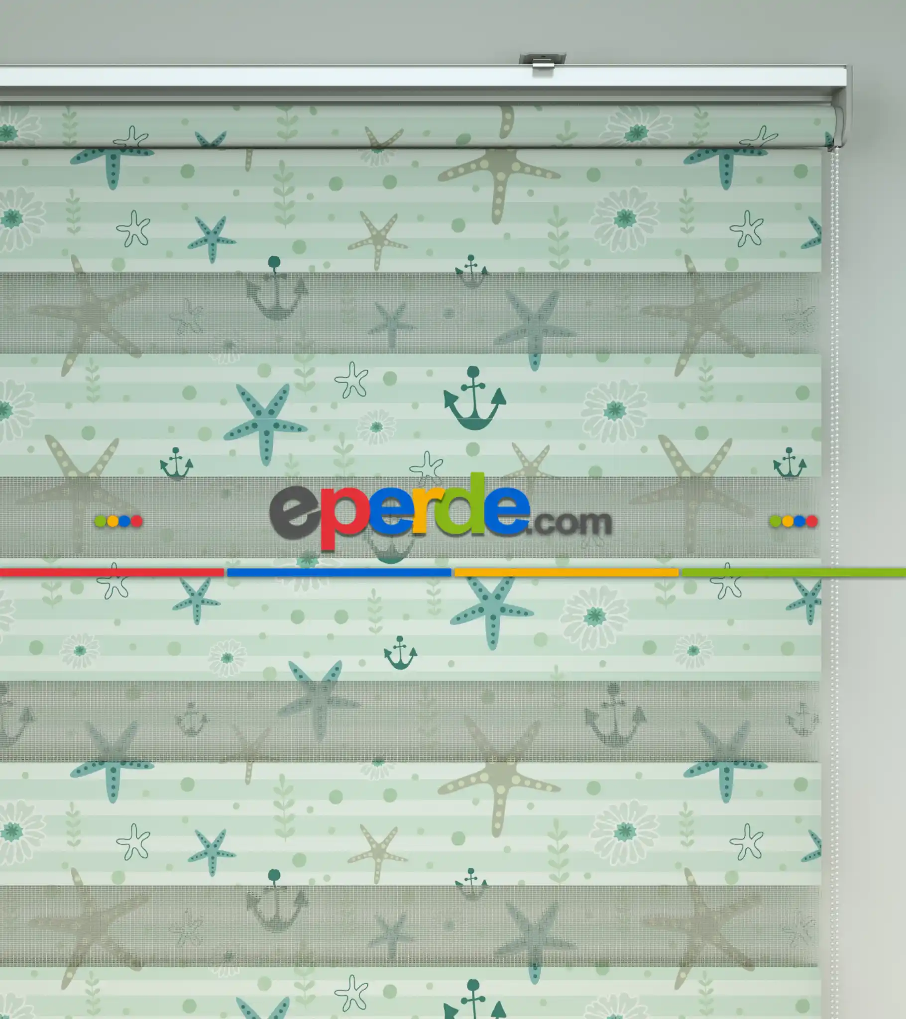 Bebek Odası Zebra Perde - Deniz Yıldızı Baskılı Zebra Perde- Beyaz-Turkuaz-Su Yeşili