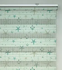Bebek Odası Zebra Perde - Deniz Yıldızı Baskılı Zebra Perde- Beyaz-Turkuaz-Su Yeşili