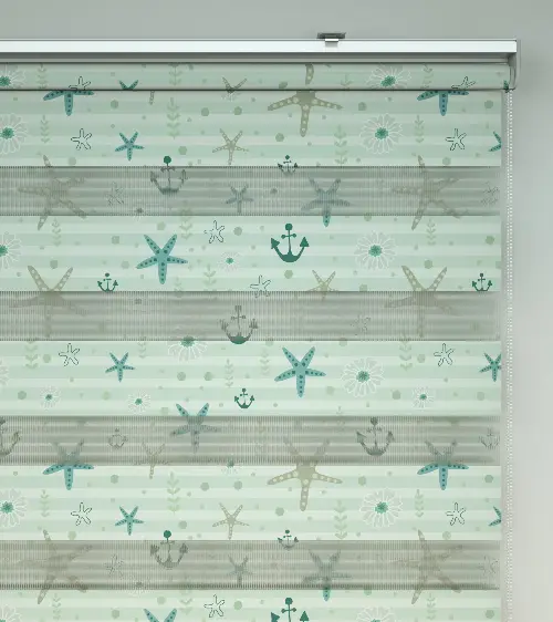 Deniz Yıldızı Baskılı Zebra Perde- Beyaz-turkuaz-su Yeşili