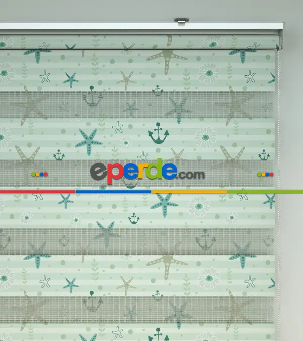 Bebek Odası Zebra Perde - Deniz Yıldızı Baskılı Zebra Perde- Beyaz-Turkuaz-Su Yeşili