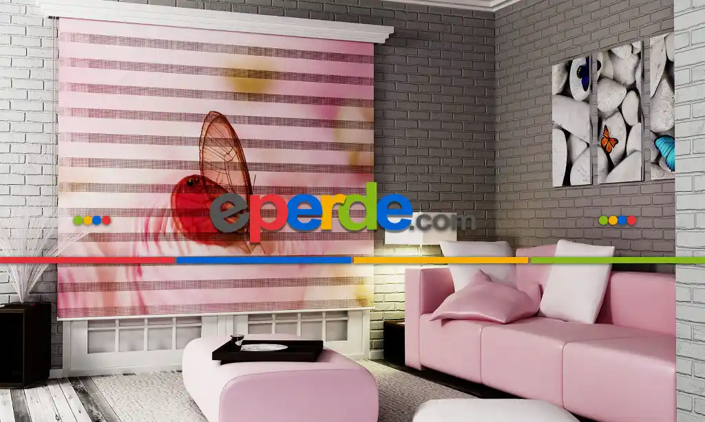 Pembe Kelebek- Baskılı Zebra Stor Perde-  Çok Renkli 2