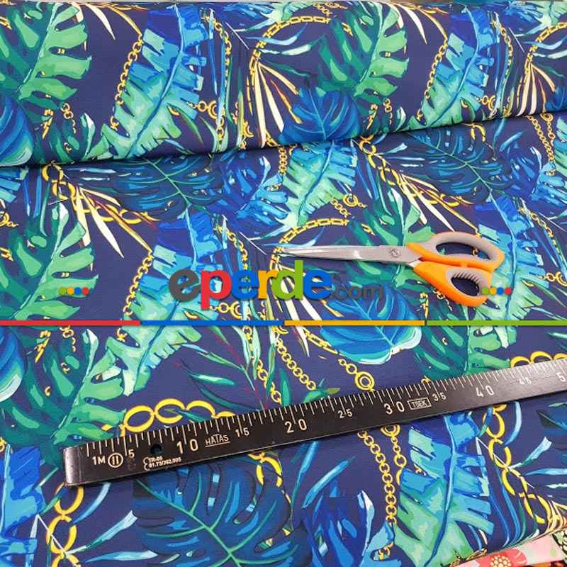 Tropikal Yaprak Desenli Fon Perde Evm1008 Kumaşı Kalındır Duck Bezi Değildir- Yeşil-Mavi