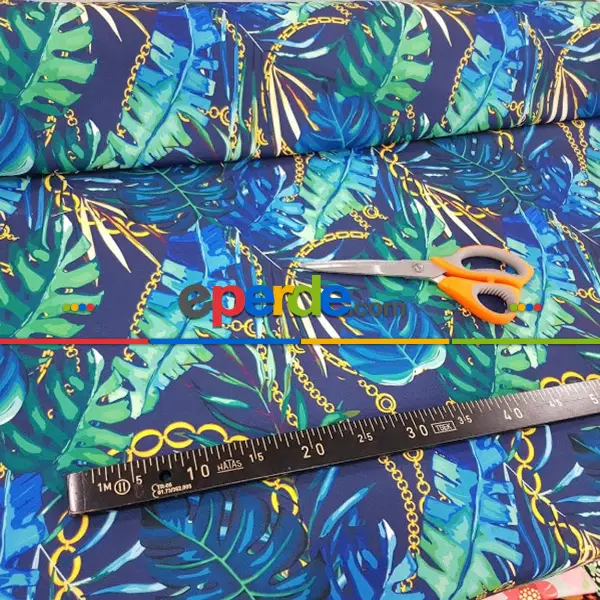 Yatak Odası - Tropikal Yaprak Desenli Fon Perde Evm1008 Kumaşı Kalındır Duck Bezi Değildir- Yeşil-Mavi