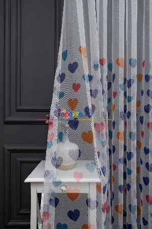 Hazır Ölçülü Petek Zemin Lacivert - Mavi Ve Turuncu Renkli Kalp Desenli Grek Baskılı Tül Perde