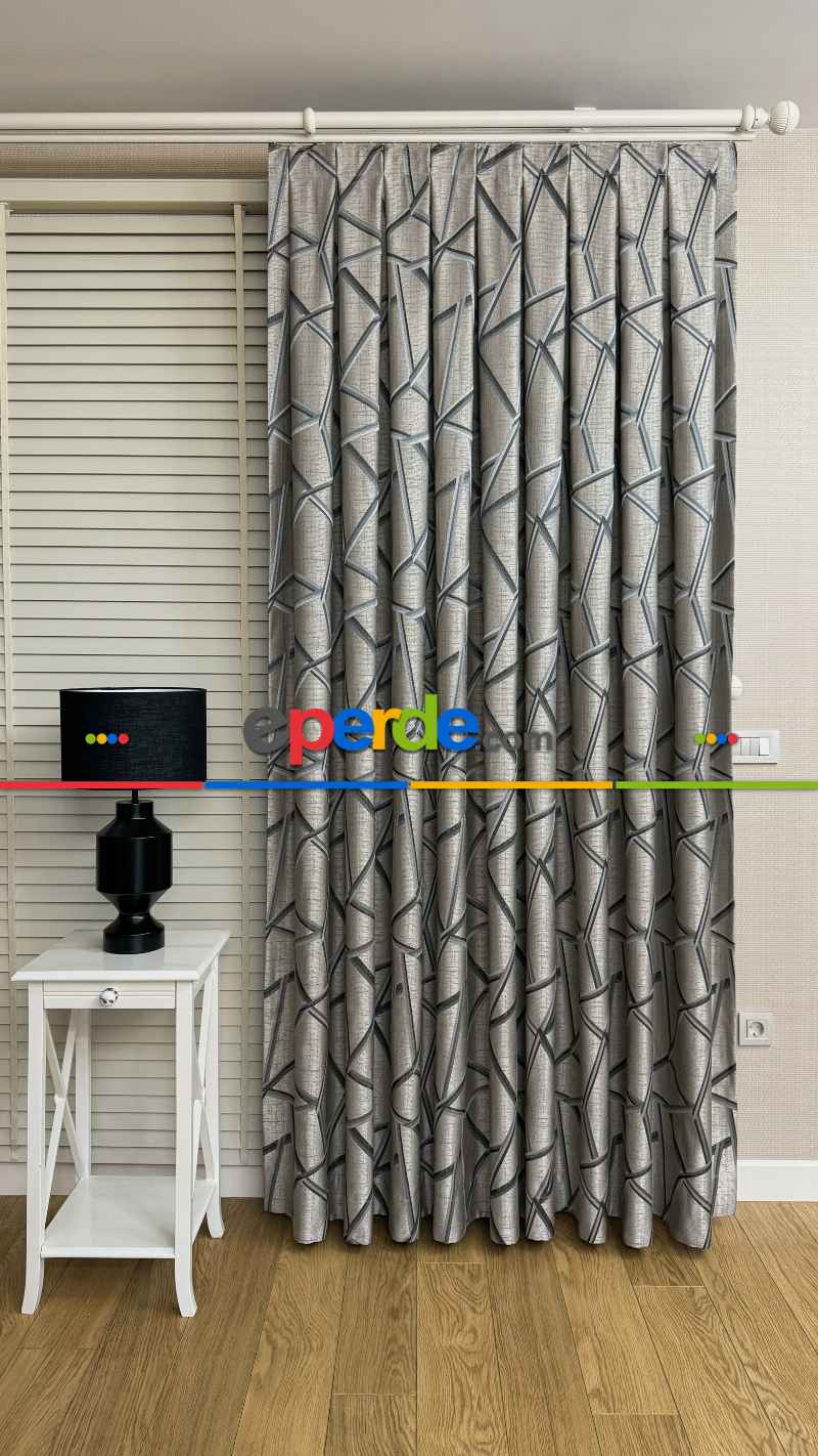 Gri Petrol Mavi Geometrik Desen Jakar Dokuma Fon Perde - Premium Seri Ağır Gramajlı