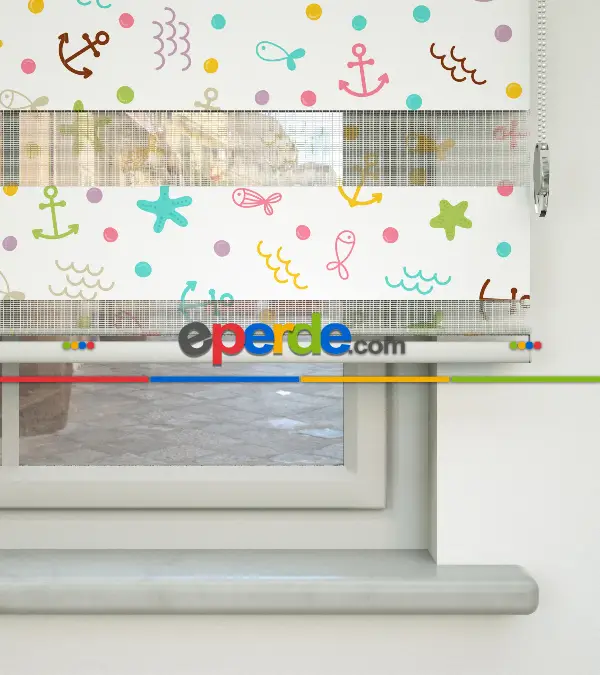 Bebek Odası Zebra Perde - Çapa Desenli Baskılı Zebra Perde- Çok Renkli