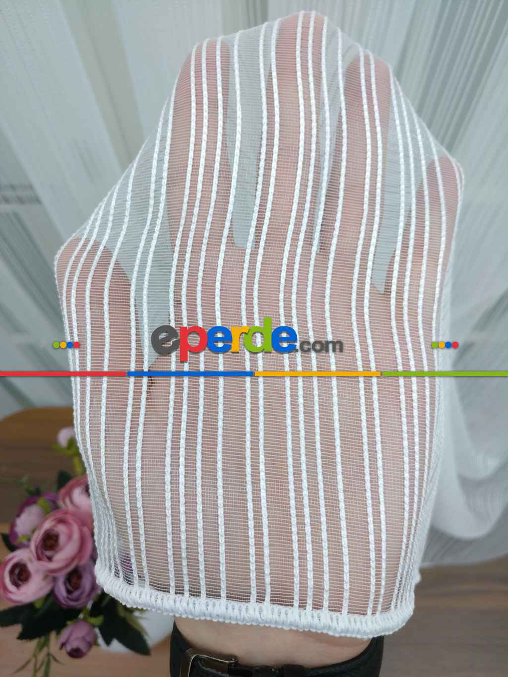 Ekru - Boyuna Çizgili İp Tül Perde- Ekru - Kurşunlu Tül