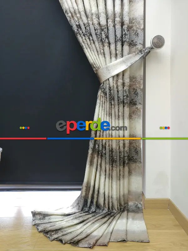 Gökkuşagı Desenli Jakar Fon Perde - Kahve