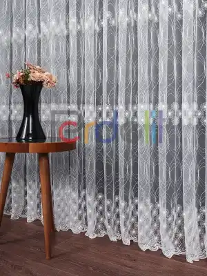 Şeritli Papatya Nakış İşlemeli Brode Tül Perde
