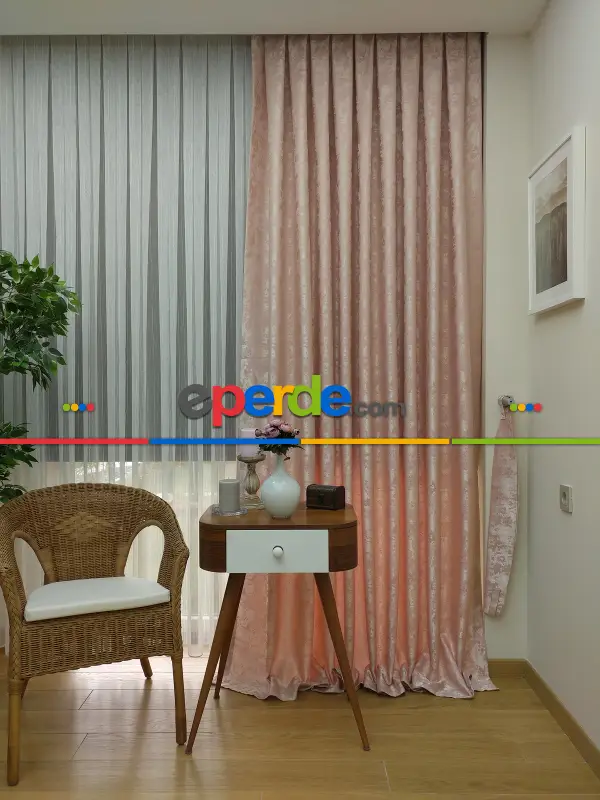 Pudra Renk Jakar Desenli Fon Perde- Pudra