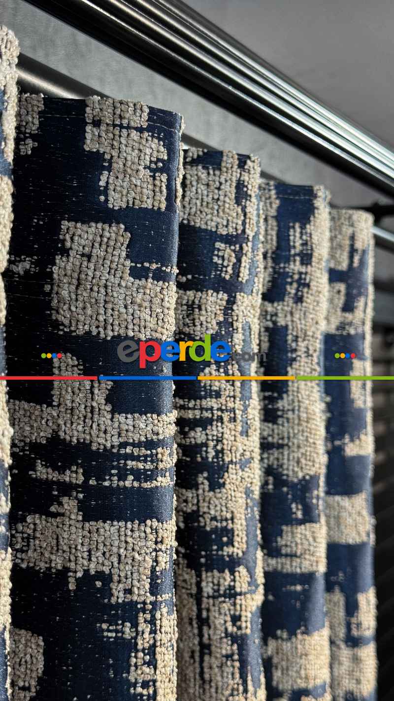 Bej Lacivert Jakar Dokuma Fon Perde