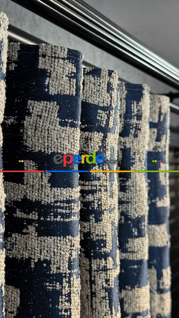 Bej Lacivert Jakar Dokuma Fon Perde