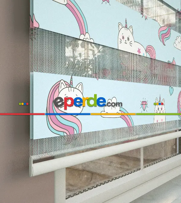 Unicorn Desenli Baskılı Zebra Perde- Çok Renkli