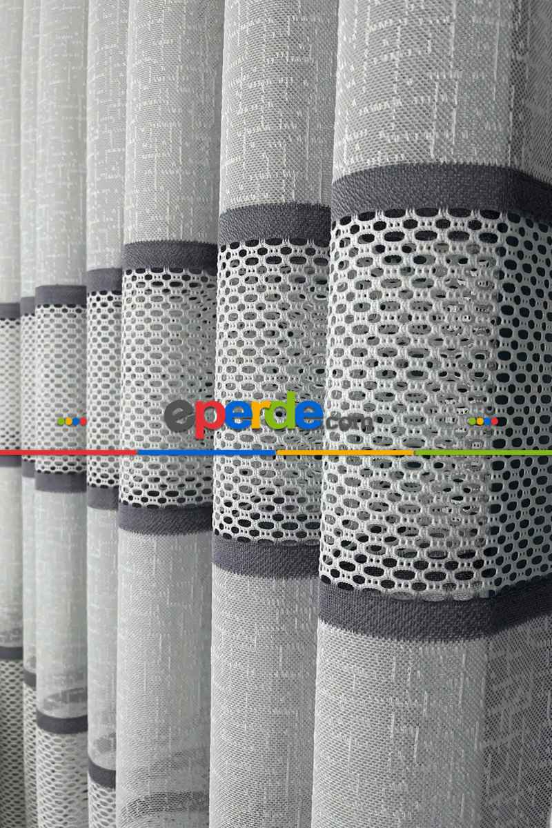 Salon - Aplik Jakar Eteği Bordürlü Tül Perde Tek Kanat - Ekru/gri