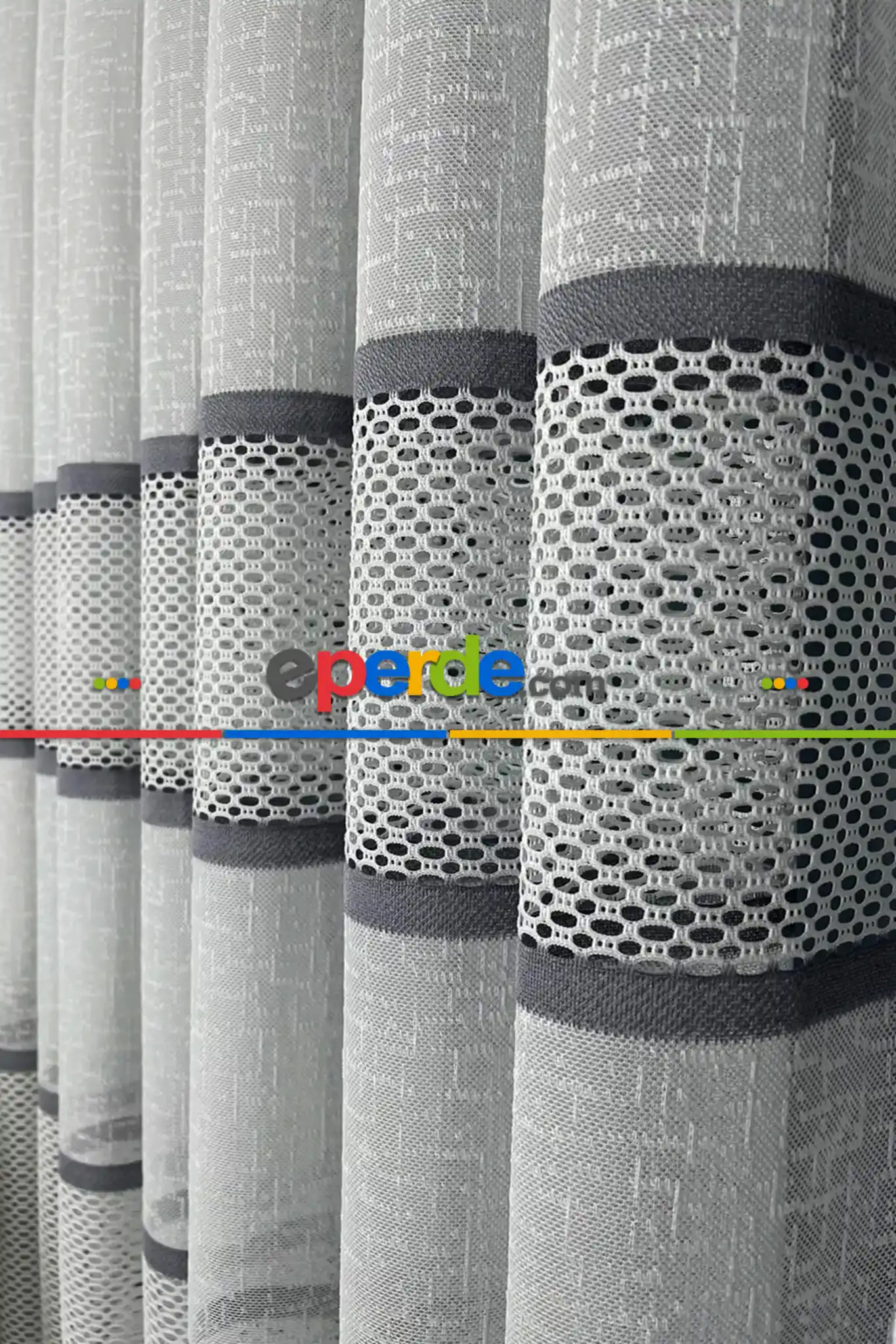 Salon - Aplik Jakar Eteği Bordürlü Tül Perde Tek Kanat - Ekru/gri