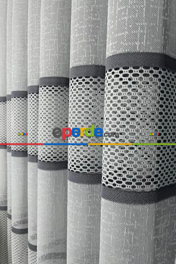 Salon - Aplik Jakar Eteği Bordürlü Tül Perde Tek Kanat - Ekru/gri