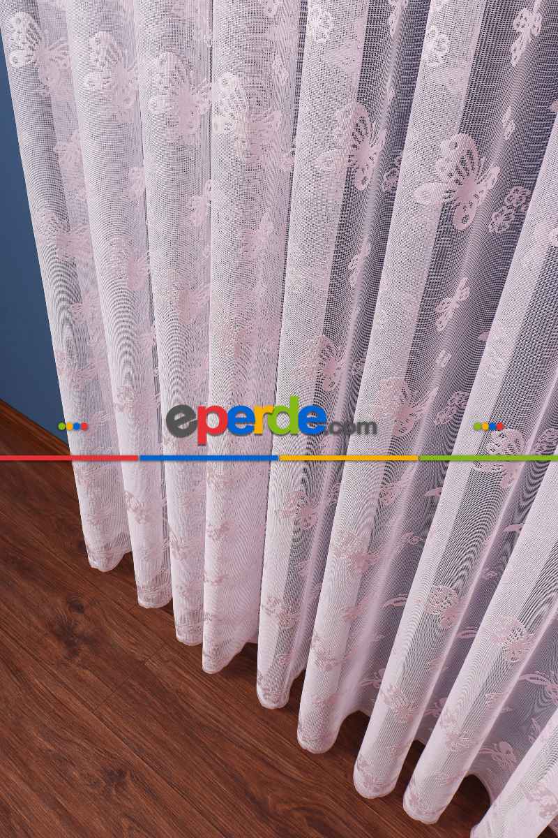 Kız Çocuk Ve Bebek Odası Tül - Pembe - Kelebek Desenli Örme Tül Perde