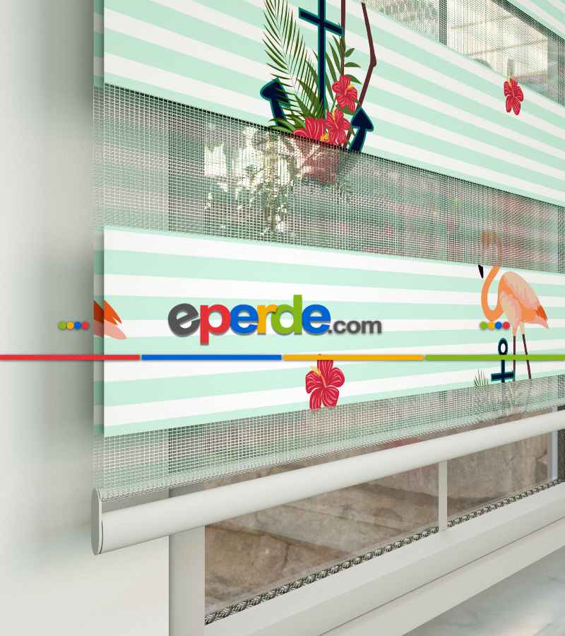 Flamingo Desenli Baskılı Zebra Perde- Çok Renkli