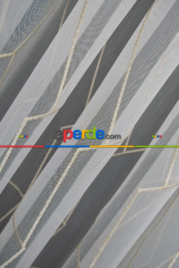 Salon - Geometrik Desenli Tül Perde - Ekru - Altın