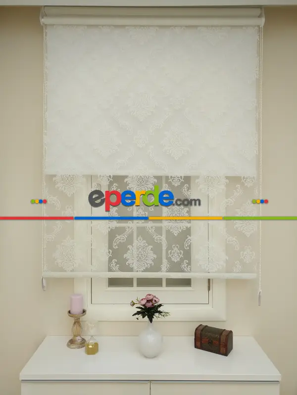 Jakar Örme Tül- Ekru Çiftli Sistem Dantel Desenli Perde- Ekru