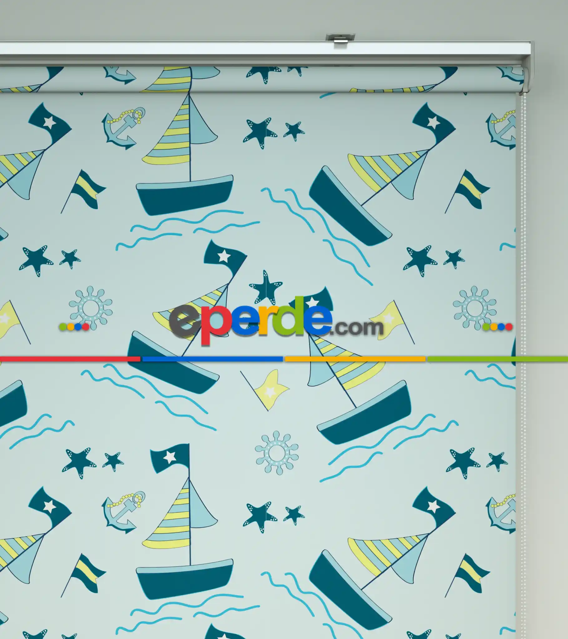 Bebek Odası - Denizci Desenli Baskılı Stor Perde- Yeşil-Çok Renkli