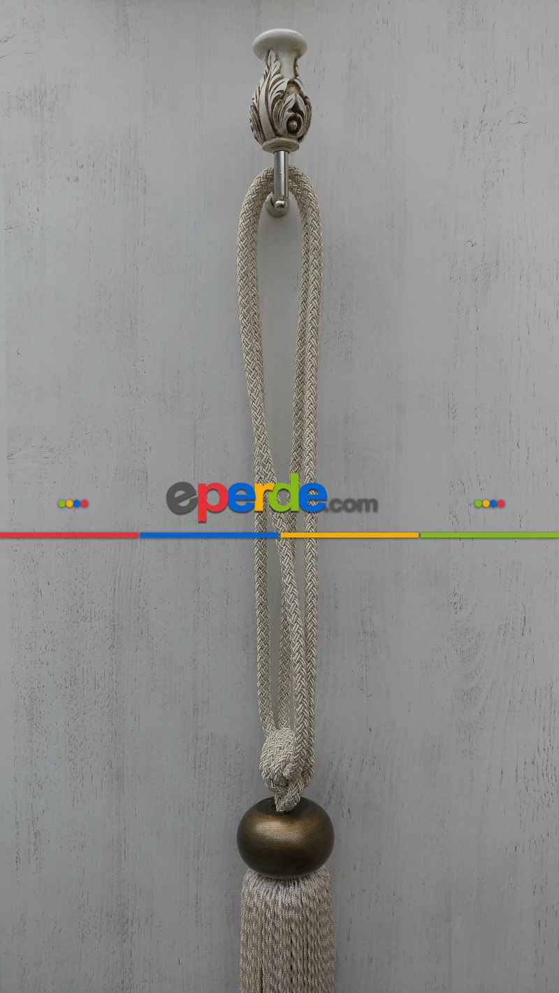 Kahve Ahşap Krem Ekru Braçol Perde Bağı- Ekru