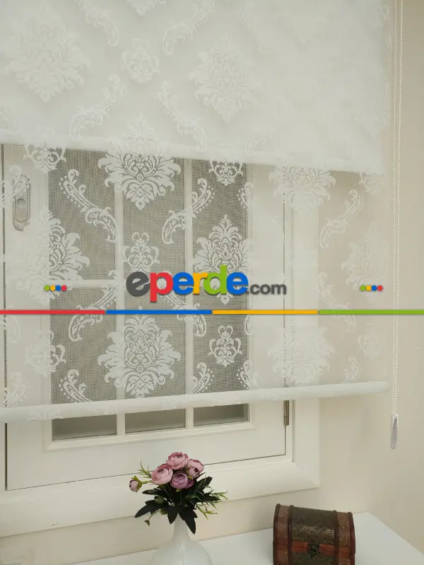 Jakar Örme Tül- Ekru Çiftli Sistem Dantel Desenli Perde- Ekru