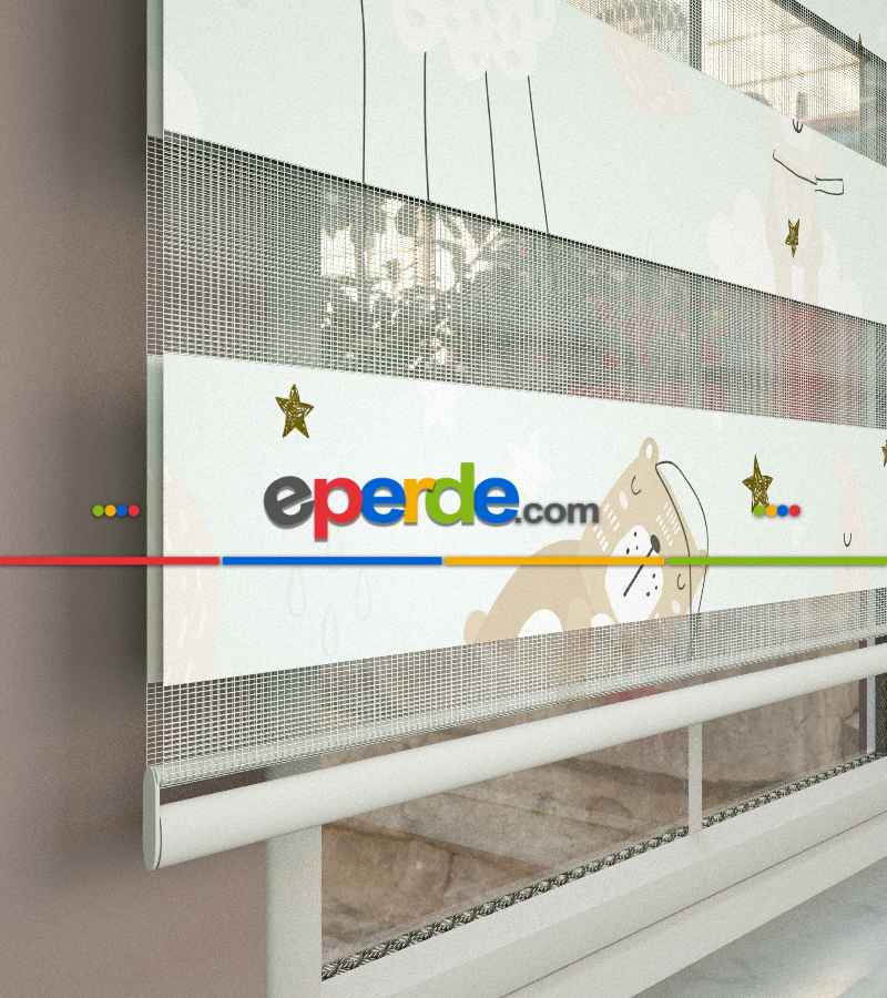 Bulut Desenli Baskılı Zebra Perde- Çok Renkli