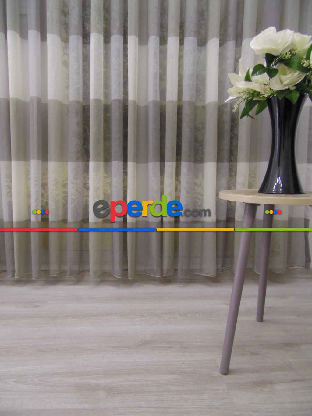 Oturma Odası - Şerit Desenli Keten Tül Perde- Sütlü Kahve