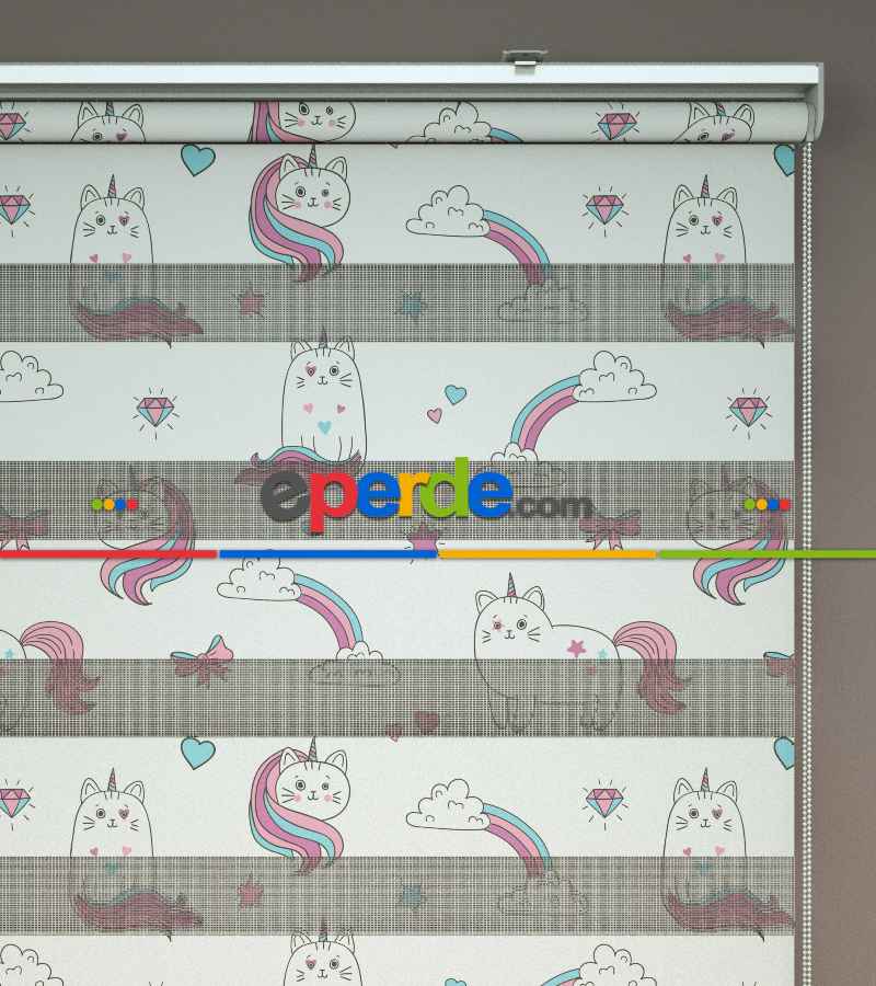 Unicorn Desenli Baskılı Zebra Perde- Çok Renkli