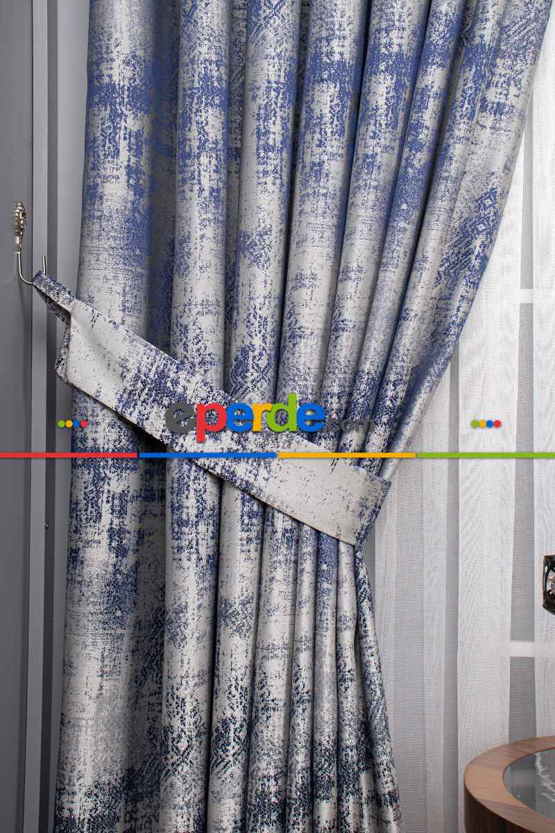 Jakar Dokuma Fon Perde - Mavi - Gri