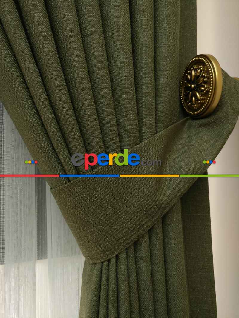 Haki Yeşili - Düz Keten Fon Perde ( Keten Fon Perde)- Yeşil-haki