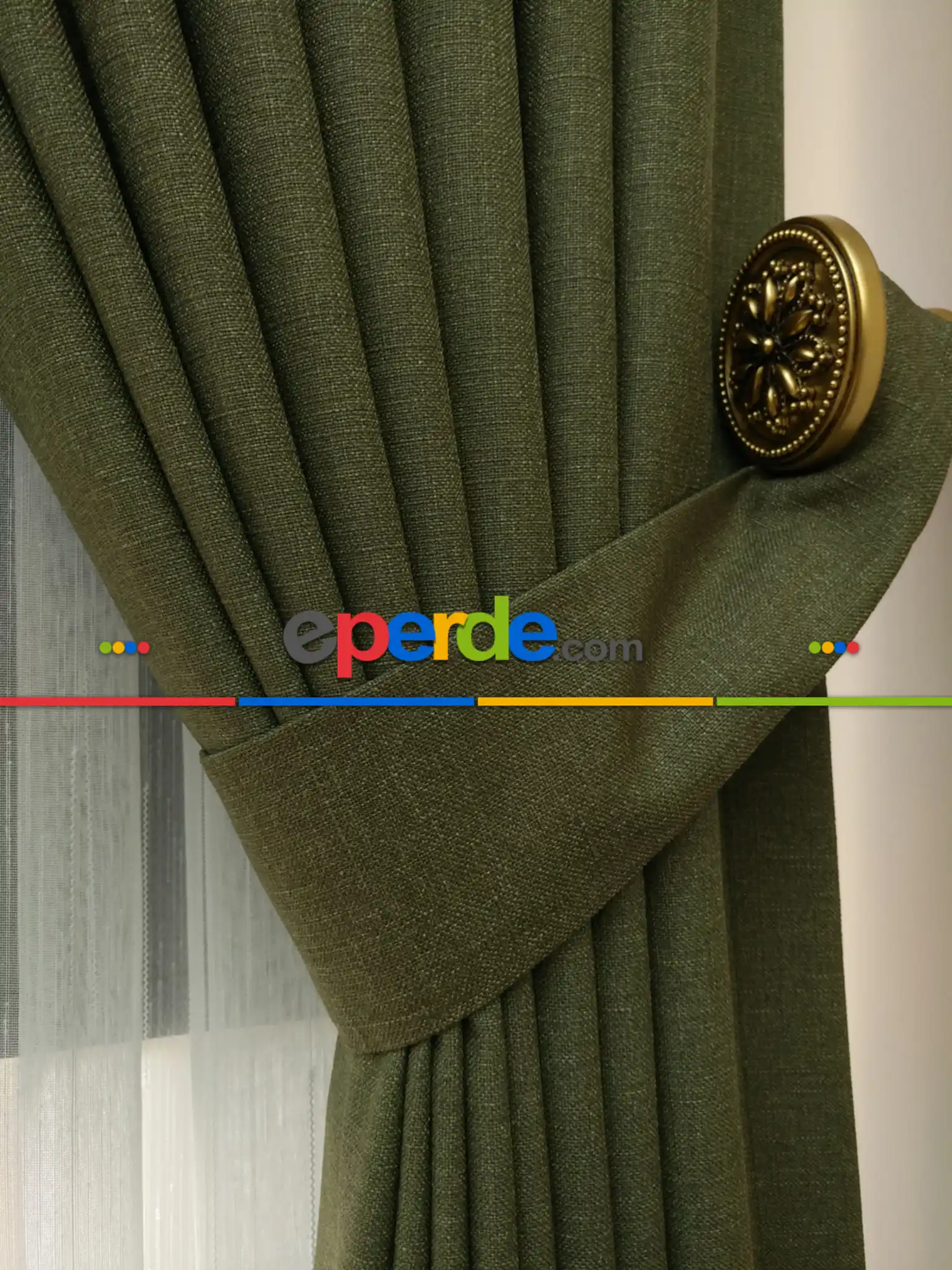Salon Perdesi - Haki Yeşili - Düz Keten Fon Perde (  Keten Fon Perde)- Yeşil