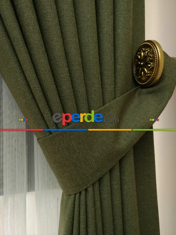 Salon Perdesi - Haki Yeşili - Düz Keten Fon Perde (  Keten Fon Perde)- Yeşil