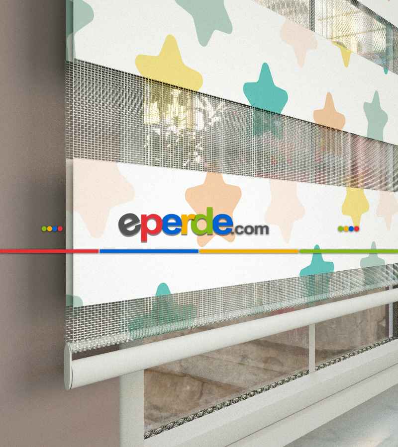 Yıldız Desenli Baskılı Zebra Perde- Çok Renkli